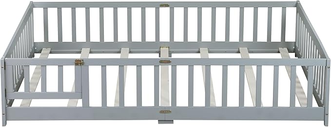 Queen Size Floor Bed Frame with Slats and Safety Guardrail, Wood Queen Size Montessori Floor Bed with Door and Fence, Easy Assemble Montessori Beds for Kids, Girls, Boys, Gray