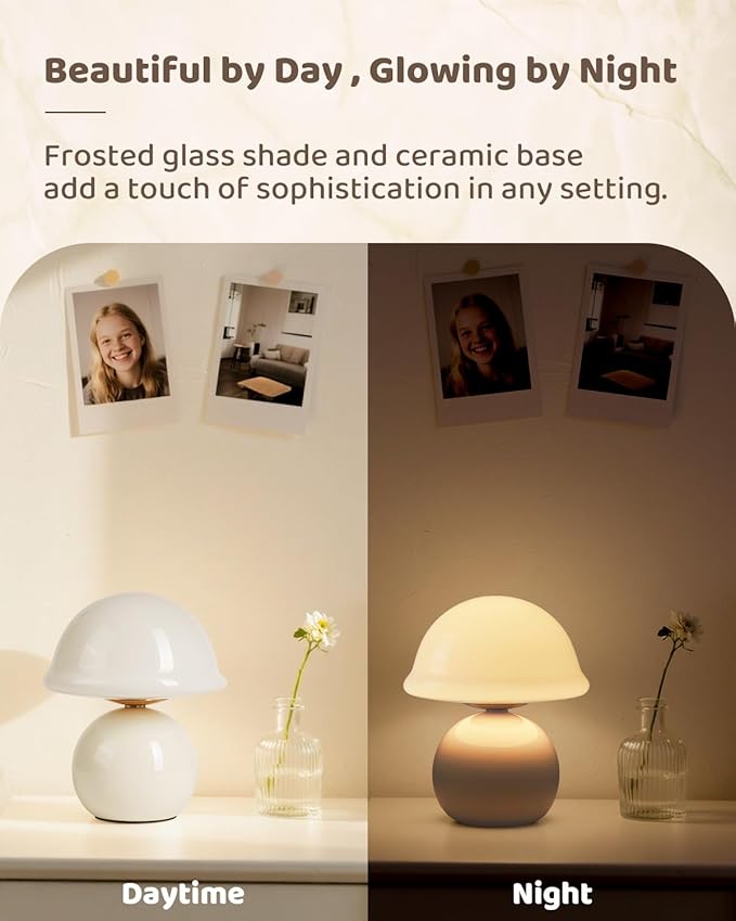 Mushroom Lamp for Bedroom, Cute Small Bedside Table Lamp with Glass Lampshade, Dimmable Nightstand Lamp Mid Century Modern Lamp for Home Living Room Decor (White)