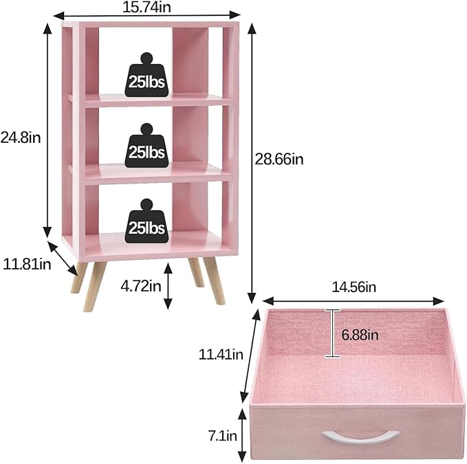 Night Stand, Pink Kids Nightstand with 2 Fabric Drawers, Nursery Side Table with Open Storage, 3-Tier Modern End Table, Bedside Table for Small Space, Living Room, Bedroom