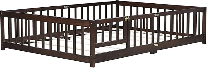 Full Size Floor Bed for Kids, Wood Montessori Floor Beds with Fence Railings, Door & Slats Support, Full Playhouse Bed Frame for Boys Girls, No Box Spring Needed, Espresso