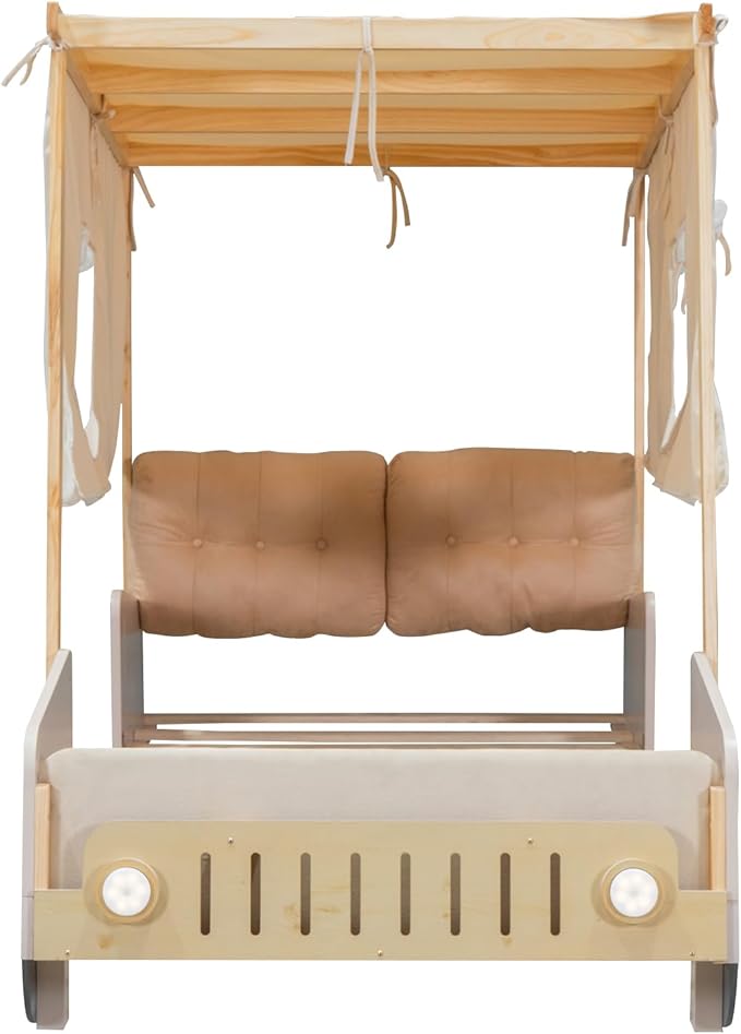 Twin Size Classic Car-Shaped Platform Bed with Wheels and Ceiling Cloth, Solid Wood Low Bed Frame with Pillow and LED Lights, Cute Floor Bed for Kids Boy Girls