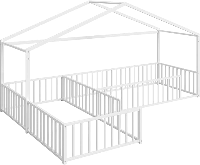 SOFTSEA Twin Size L-Shaped House Floor Bed, Metal Montessori Bed Frame with Fence Guardrails, Double Twin Corner House Bed for 2 Kids, No Slats Included, Box Spring Needed, Easy Assembly, White