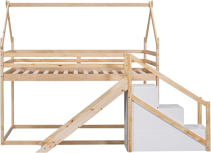 Flieks Twin Over Twin House Loft or Bunk Bed Frame for Boys Girls Kids Adults Toddler with Slide and Staircase, Natural