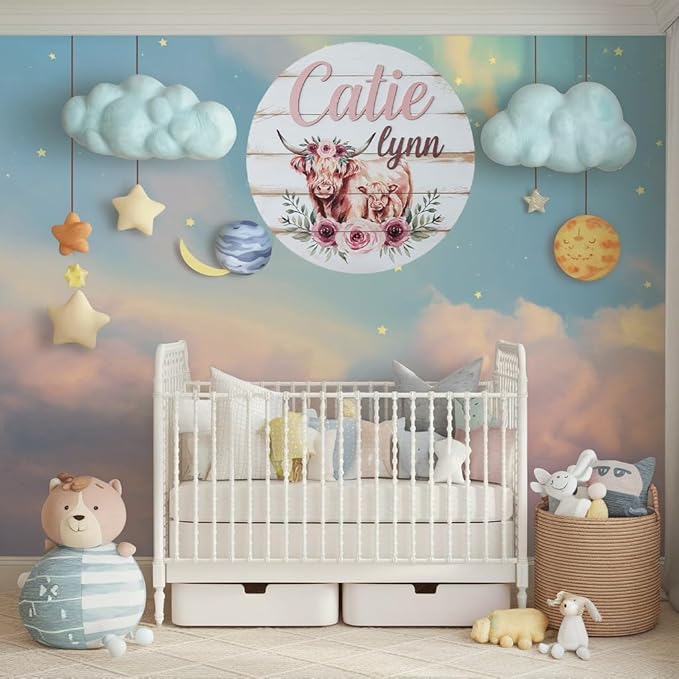 Personalized Baby Name Signs for Nursery, Highland Cow Sign for Baby Door Decor, Newborn Gifts for Girl, Girls Nursery Wall Bedroom Decorations, Mother's Day Gifts for New Mom Dad Gift