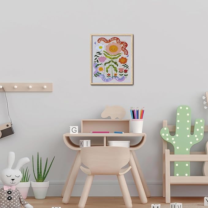 KISSFOX Framed Wall Art Nursery Wall Decor Sunflower Pictures Kids Cute Smiling Floral Canvas Art Whimsical Botanical Paintings Colorful Sweet Artwork For Children Boys Girls Room Playroom