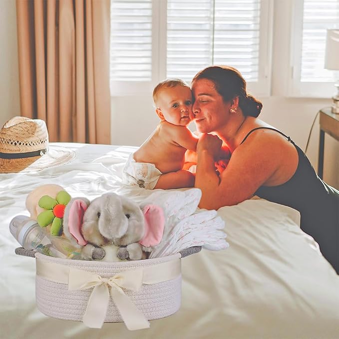 Yimi's Dream Basket for Gifting, Small Baskets for Shelves, White Cotton Rope Basket with Grey Handle for Decor, Baby Cat Dog Toy(Oval, 12"x 8"x 5")