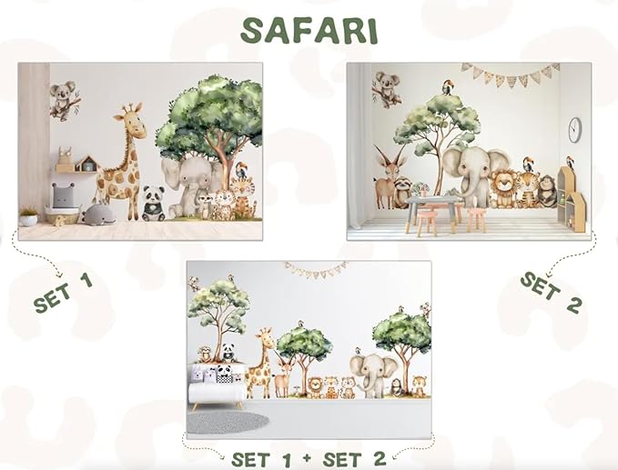Safari Jungle Wall Stickers – Safari Animals Wall Decals for Nursery – Kids Room Wall Art – Removable Vinyl Stickers for Baby Room Decor – Giraffe Elephant Lion Wall Mural (Set1+2)
