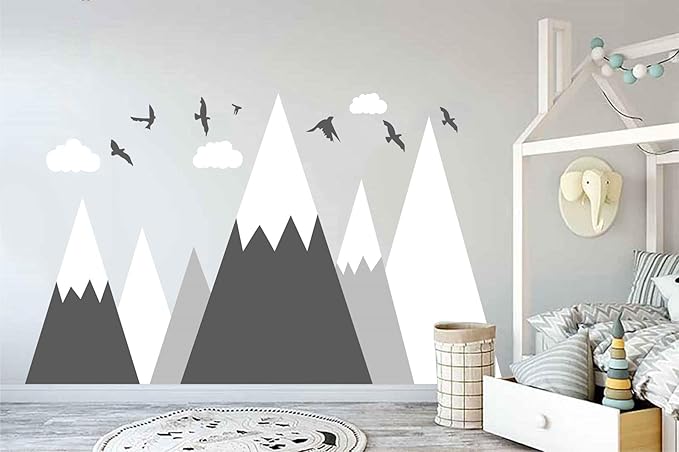Mountain Wall Decal Baby Room Nursery Adventure Theme Cloud Birds Vinyl Wall Stickers BA972 (Color 2-Grey, 71X43.inches)