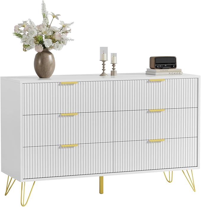 LYNSOM Fluted Dresser for Bedroom, White 6 Drawer Dresser with Gold Handles and Wide Drawers, Wood Chest of Drawers for Bedroom, Hallway