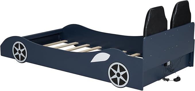 Bellemave Wood Twin Size Race Car-Shaped Platform Bed with LED and Upholstered Backrest, Kid's Platform Bed Frame with Race Car-Shaped and Safety Guardrails for Kids, Boys, Girls.(Blue)