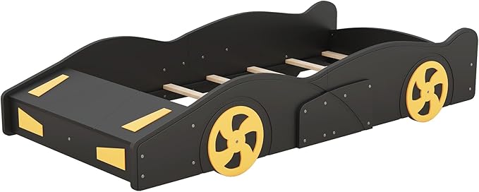 Twin Size Race Car Bed for Kids, Car-Shaped Bed Frame with Wheels and Storage Footboard for Boys, Wood Slats Support,No Box Spring Needed, Black+Yellow