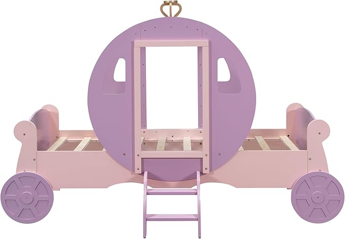 Cute Twin size Princess Carriage Bed with Crown and Stair, Solid Wood Car Bed Frame with 2 Doors, Headboard and Footboard, Safety Wood Slats for Kids Boys Girls Teens Adults (Purple+Pink-s18)