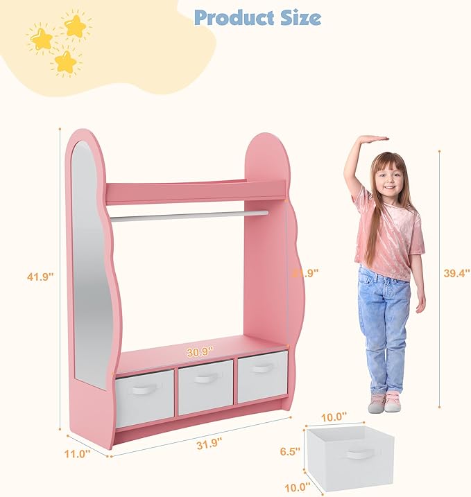 Kids Dress Up Storage Rack Mirror Wood Child Wardrobe 2 Hooks 2 Fabric Bins Toddler Closet Girls Boys Open Hanging Armoire Storage Shelf Coat Costume Hat Shoe (Cloud+Pink+Three Drawers)