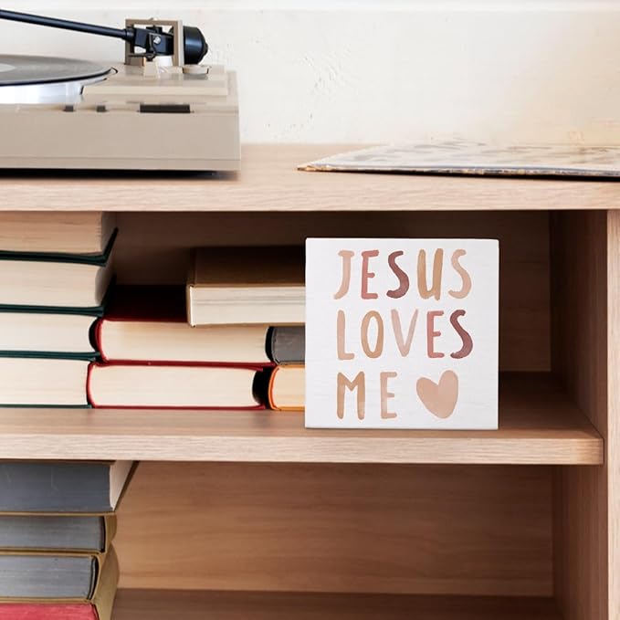 Baby Girls Nursery Decor - Jesus Loves Me Christian Gifts Wood Sign Wall Art Decoration, Boho Neutral Bible Verse Kids Boys bookshelf Decorations, Toddler Girls Room Decor 5x5