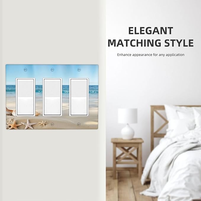 Decorative Light Switch Cover Plate Summer Beach Starfish Shells 3 Gang Switch Plate Covers Triple Rocker Wallplates GFCI Socket Cover Outlet Covers for Bathroom Home Decor
