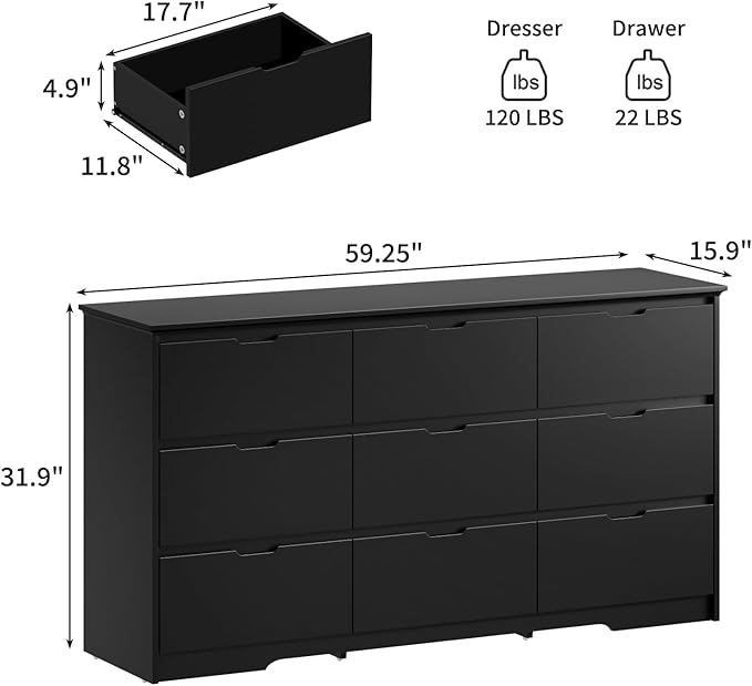CARPETNAL 9 Drawer Black Dresser for Bedroom with Deep Drawers, Large Dressers & Chest of Drawers Handle Free, Modern Long Dressers for Closet Bedroom, Living Room (59.25" W x 15.9" D x 31.9" H)