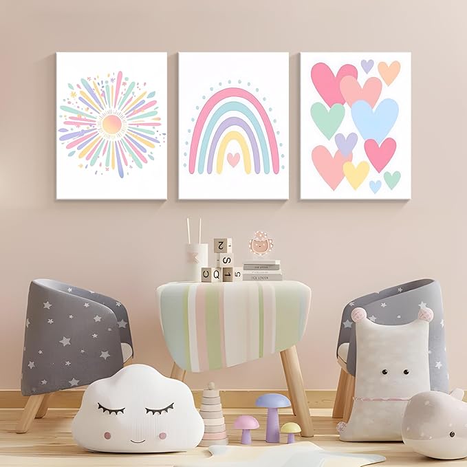 Dytial 3 Piece Toddler Girl Room Decor, Rainbow Wall Decor for Girls Bedroom, Colorful Boho Sunshine Paintings for Nursery Decor, Kids Room Wall Decor, Classroom Decoration 12x16 Inch