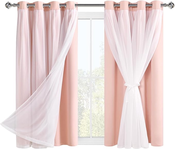 Hiasan Blackout Curtains with Sheer Overlay, Thermal Insulated Mix & Match Double Layer Room Darkening Window Curtains for Bedroom,Living Room, Nursery 2 Panels with Tiebacks(52W X 54L,Blush Pink)