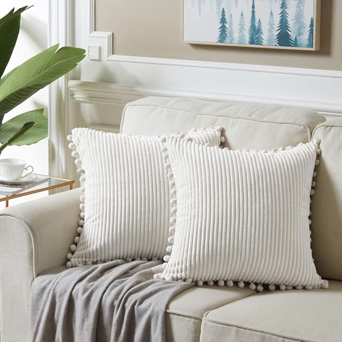 Fancy Homi 22x22 Pillow Covers, Pack of 2 Cream White Throw Pillow Covers with Pom-poms, Super Soft Corduroy Square Solid Cushion Cover for Couch Sofa Bedroom Living Room 55x55 cm