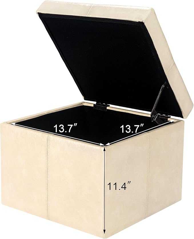 Adeco Faux Leather Cube Storage Ottoman, Beige Ottomans for Living Room, Bedroom