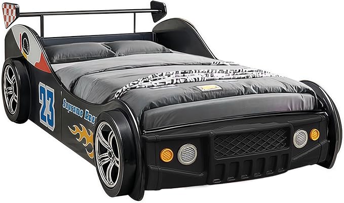 LKTART Car Bed Twin Size for Kids, Race Car Shaped Wooden Platform Bed Frame with Headboard Wheels and Support Slats for Boys Toddlers Child's Bedroom (Black)