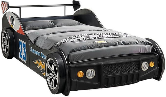 LKTART Car Bed Twin Size for Kids, Race Car Shaped Wooden Platform Bed Frame with Headboard Wheels and Support Slats for Boys Toddlers Child's Bedroom (Black)