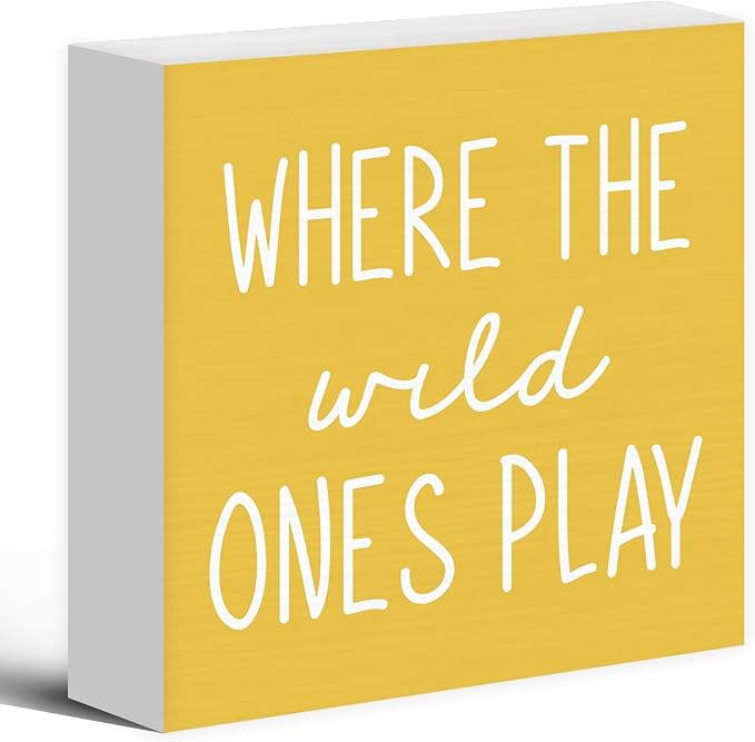 Where The Wild Ones Play Yellow Wood Box Sign Desk Decor 5X5, Nursery Kids Room Wooden Block Sign Decorations for Playroom Toddler Boys Girls Room Wall Tabletop Shelf Decor