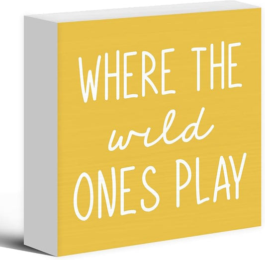 Where The Wild Ones Play Yellow Wood Box Sign Desk Decor 5X5, Nursery Kids Room Wooden Block Sign Decorations for Playroom Toddler Boys Girls Room Wall Tabletop Shelf Decor