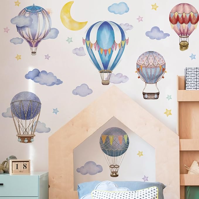 Runtoo Large Hot Air Balloon Wall Decals Nursery Colorful Moon Stars Cloud Balloon Wall Art Stickers Baby Kids Bedroom