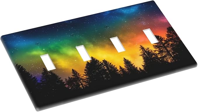 Light Switch Cover Colorful Starry Sky Black Forest Aurora 4 Gang Switch Plate Covers Quad Toggle Wall Plates Decorative Switchplate Electrical Faceplate for Bathroom Home Decor