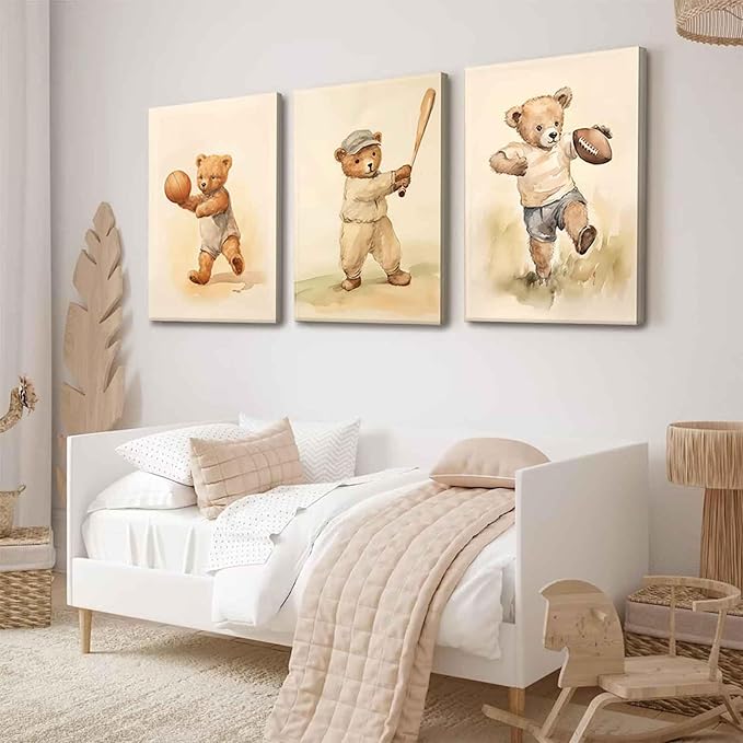 3Pcs Teddy Bear Sports Nursery Animal Canvas Wall Art Cute Woodland Baby Bear Rugby Wall Decor Pictures Football Basketball Baseball Kids Room Posters Prints for living Children Bedroom Decoration