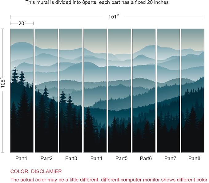 Nature Wallpaper Blue Mountain Foggy Forest Wall Mural for Bedroom Living Room (Not Peel n' Stick)
