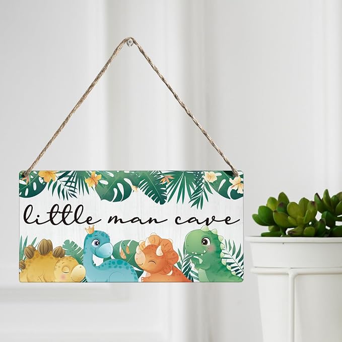 Little Man Cave Sign Dinosaur Woodland Nursery Room Decor for Baby Bedroom Jungle Safari Dinosaur Theme Wall Decor for Toddler Room Decor 12 × 6 Inch （Wood 4010）