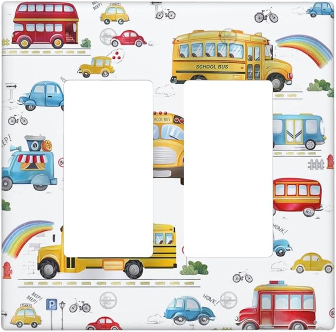 Kids Bus Taxi Truck Double Rocker Light Switch Cover 2 Gang Outlet Wall Plate Decorative GFCI Switchplate Electrical Faceplate for Nursery Kidsroom Bedroom Decor