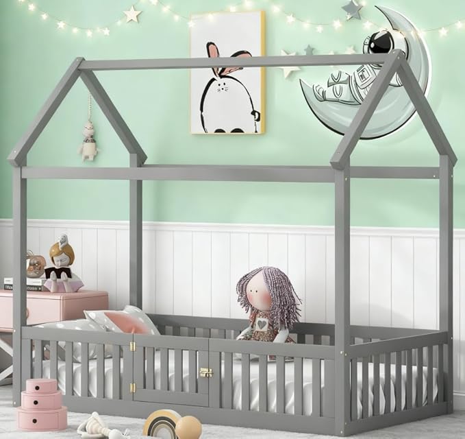 Bellemave Twin House Bed for Kids, Wooden Kids bedframe with Rails and Storage, Montessori Floor beds, Gray with Door no slats