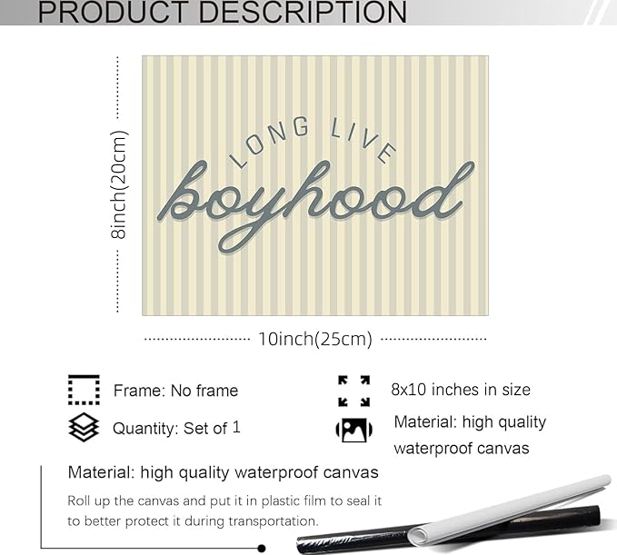 YYS Long Live Boyhood Quote Wall Art Preppy Blue Stripe Poster Modern Fashion Minimalist Canvas Prints for Boy Nursery Bedroom Wall Decor 08x10 inch Unframed