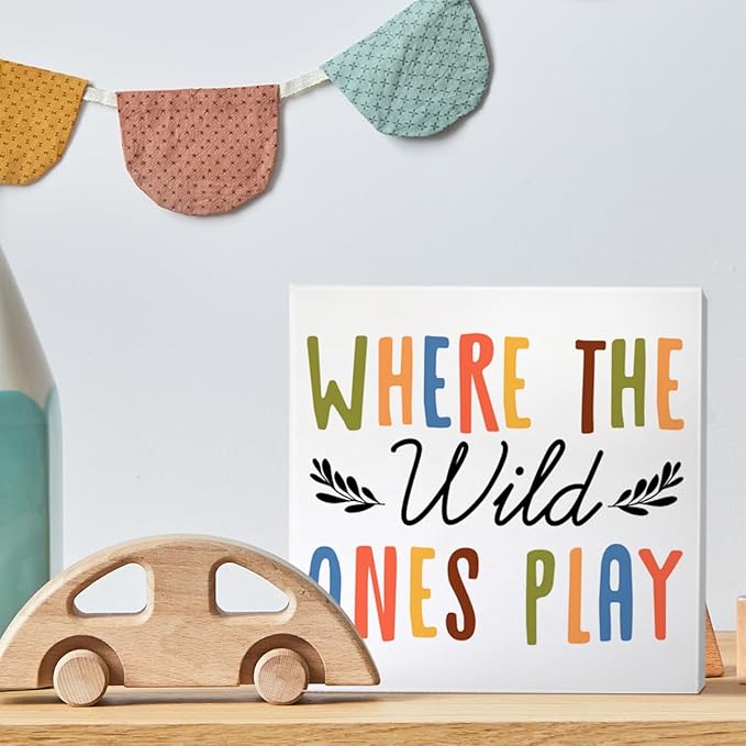 Playroom Desk Decor Wooden Sign, Nursery Decoration for Playroom Toy Room Toddler Kid's Bedroom, Nursery Gift for Baby Boy Girl Newborn Kids, Where The Wild Ones Play