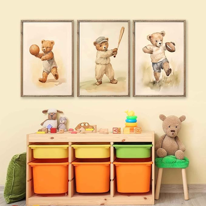 3Pcs Teddy Bear Sports Nursery Animal Canvas Wall Art Cute Woodland Baby Bear Rugby Wall Decor Pictures Football Basketball Baseball Kids Room Posters Prints for Children Bedroom Decoration No Frames