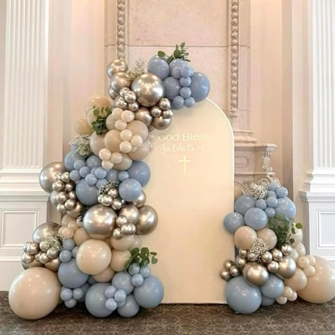 Dusty Blue and Gold Balloons, 60 PCS 12 Inch Slate Fog Pastel Baby Blue Sand White and Gold Balloons for Baby Boy Shower Bridal Shower Birthday Wedding Party Decorations