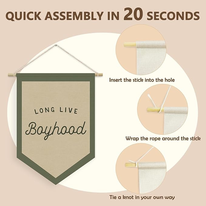 Boys Room Decor, Long Live Boyhood Linen Canvas Banner, Boy Nursery Wall Hanging Pennant Flag Banner for Boys Kids Toddler Room Bedroom Playroom Decor, 15x11in - Green