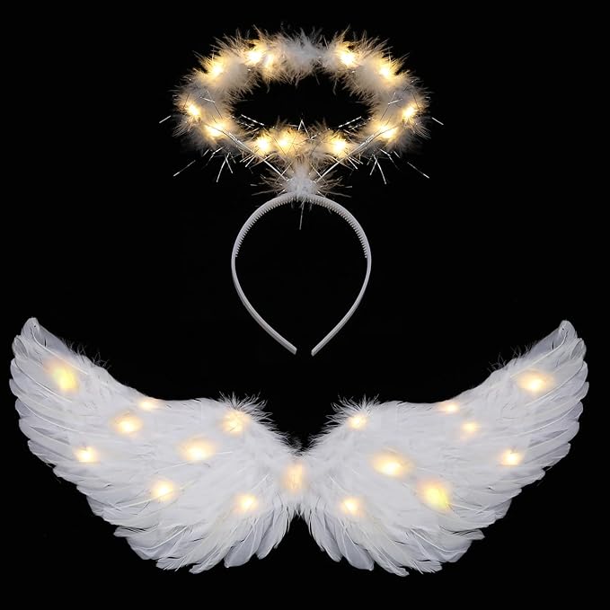 Angel Wings, Light Up Angel Wings and Halo with LED Lights, White Angel Wings Costume for Adult Women Kids Halloween Xmas