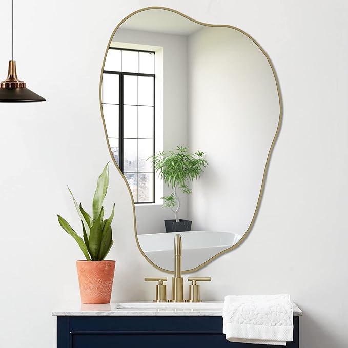 POZINO Gold Irregular Mirror, 30"x20.5" Cloud Shaped Mirrors, Unique Asymmetrical Wall Mirror, Modern Frameless Wall Mirrors for Living Room Bathroom Bedroom Entryway