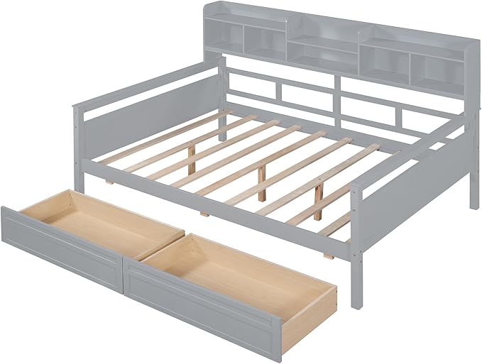 Harper & Bright Designs Full Daybed with Storage, Wooden Full Size Bed Frame with Bookcase Headboard and 2 Drawers, Full Sofa Bed with Shelves for Living Room Bedroom, No Box Spring Need, Gray