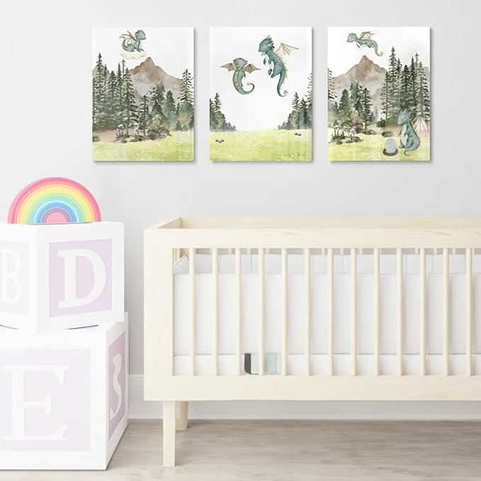 Green Baby Dragon Nursery Wall Decor, Dragon Egg Nursery Print for Baby Boy's Bedroom, Woodland Forest Mountain Wall Art, Nature Animal Art for Kids Room Decor, Framed Set of 3 Canvas, 12"x16"x3