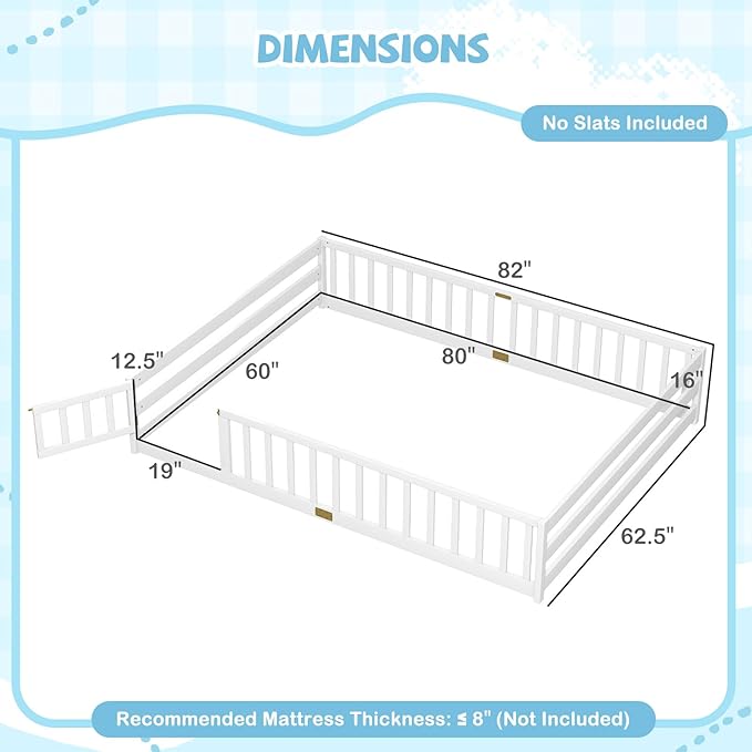 Giantex Queen Floor Bed with Door & Fence, Kids Wood Montessori Beds with Safety Guardrails, Floor Bed Twin for Kids, Boys, Girls, No Box Spring Needed, White