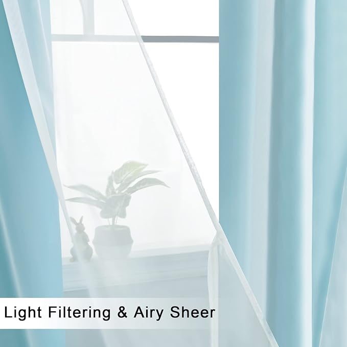 Hiasan Blackout Curtains with Sheer Overlay, Thermal Insulated Sun Blocking Grommet Window Curtains for Bedroom, Living Room, Kids' Room, 2 Drape Panels with Tiebacks, Turquoise, 52W X 96L