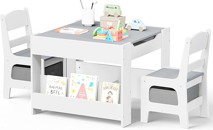 Kinder King Kids Wood Table & 2 Chairs Set, 4 in 1 Children Activity Table w/Double Bookcase, Blackboard, Toddler Furniture Set for Art, Crafts, Drawing, Reading, Playroom, Grey