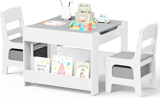 Kinder King Kids Wood Table & 2 Chairs Set, 4 in 1 Children Activity Table w/Double Bookcase, Blackboard, Toddler Furniture Set for Art, Crafts, Drawing, Reading, Playroom, Grey