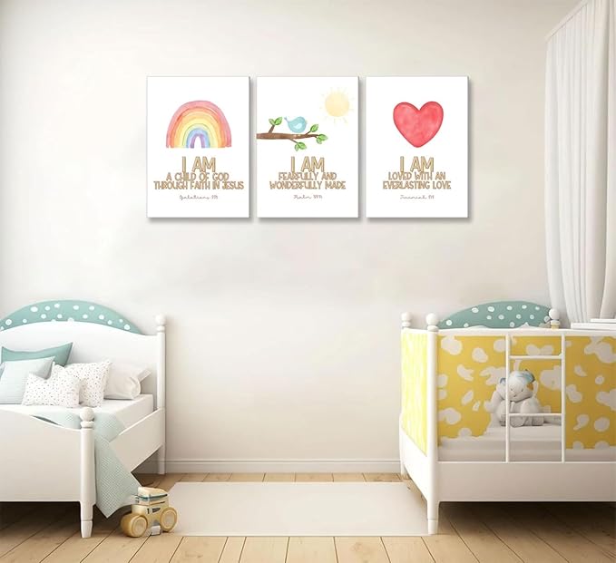 3Pcs Nursery Bible Verse Canvas Wall Art Colorful Rainbow Motivational Affirmation Wall Decor Pictures Christian Kids Scripture Introduction Posters Prints for Kids Room Nursery Home Decoration