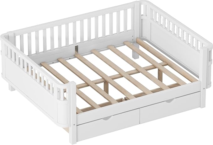 KEIKI Full Size Wooden Floor Day Bed w/Large Storage Drawers, Space Saving Corner Platform Daybed Frame, Removable Safety Rail, Montessori Kids Beds for Boys Girls Bedroom, No Box Spring Needed, White